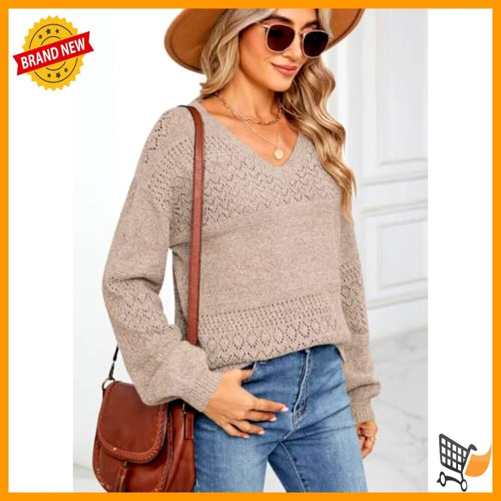 V Neck Crochet Pullover Sweater Lightweight Hollow Knit Casual Loose Fit - Picture 3 of 7